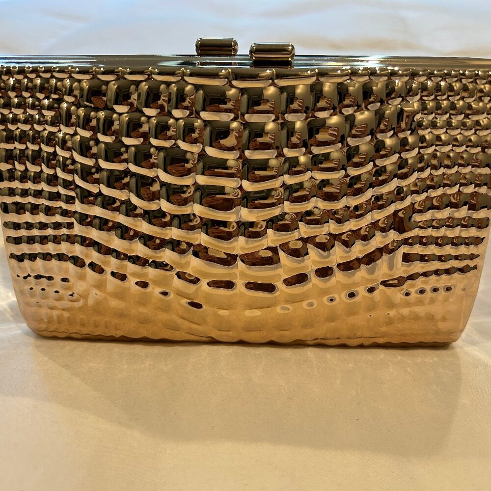 Gold Crocodile Textured Metal Clutch Purse